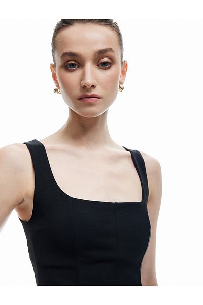 Koton New Season Crepe Scuba Fabric Square Neck Sleeveless Peplum Blouse