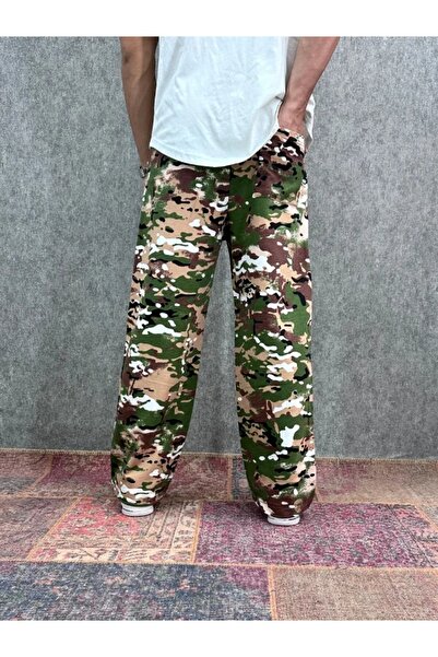 FıttingRoom Beli Lastikli Boru Paça Desenli Baggy Pantolon