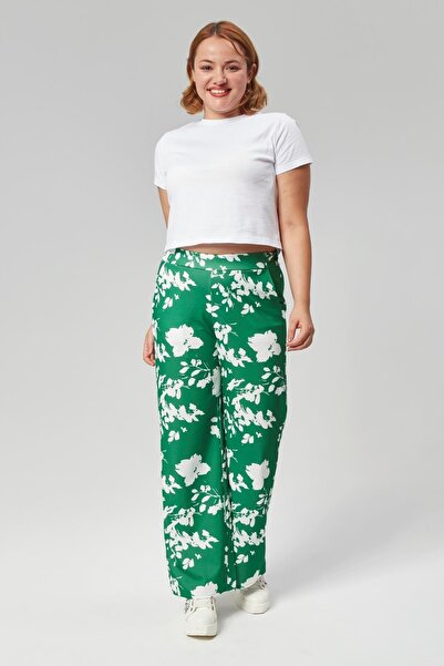 Seamoda Plus Size Floral Patterned Elastic Waist Pocket Wide Leg Relaxed Cut Long Length Trousers-Green