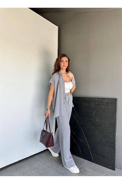 EGZOTİK ASORTİK Short Sleeve Shirt Pants Set with Snap Detail on the Sides