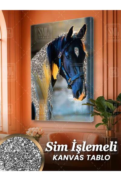 SML TABLO Sim İşlemeli Beyaz Yeleli Siyah At Asalet Dekor Hayvan Simli Dikey Kanvas Tablo