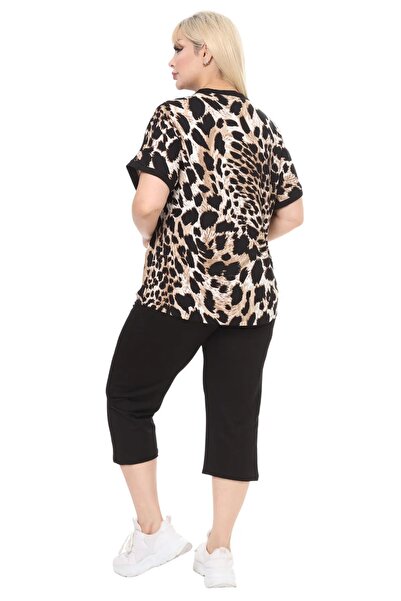 Hazinedan Women's Plus Size Tiger Pattern Pocket Short Sleeve Leopard Capri Suit