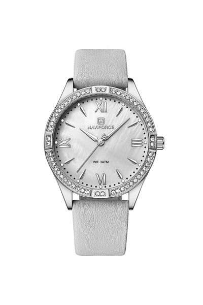 Naviforce Women's Elegant Silver Watch with Crystal Bezel White Mother of Pearl Dial and Leather Strap
