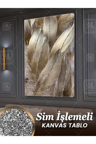 SML TABLO Sim İşlemeli Altın Tüyler Dekoratif Modern Simli Dikey Kanvas Tablo