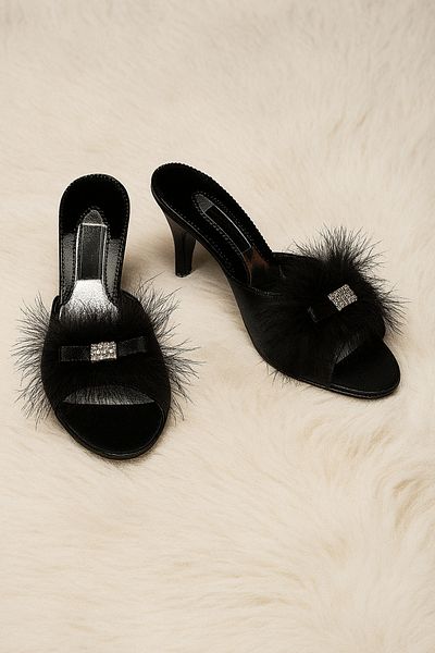 Loule Women's Clothing Plush & Ribbon Detailed Stoned Dowry - Gift House Slippers Ll.Gc215.001