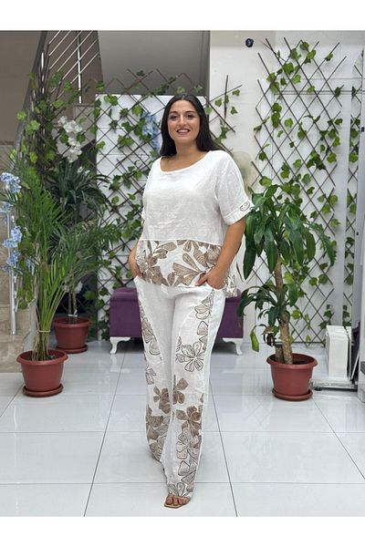 Punta Otantik Nc61253 Italian Floral Printed Linen Suit White