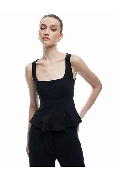 Koton New Season Crepe Scuba Fabric Square Neck Sleeveless Peplum Blouse