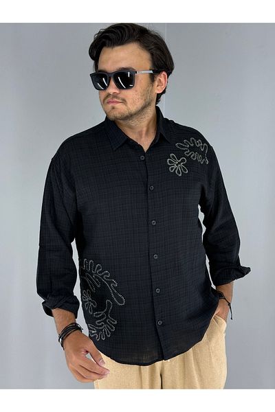 MARESHAL 100% Cotton Oversize Shirt with Embossed Embroidery Detail (Black)