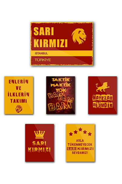 TABLOX 6 Parça "gǎlațasaray" Sarı Kırmızı Taraftar Şampiyon Aslan Futbol Dekoratif MDF Tablo Sokak Tabelası