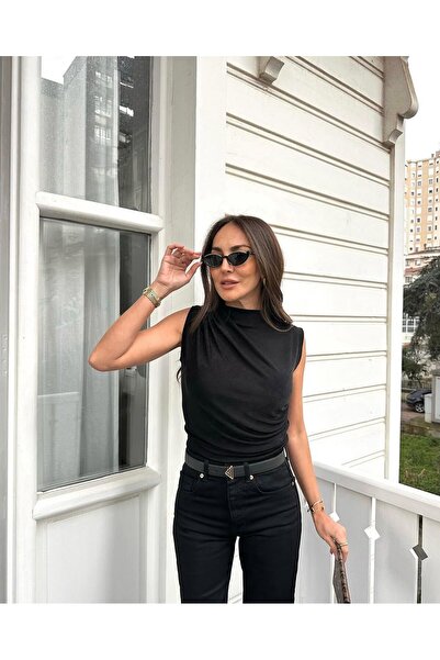 nexora wear Kadın Şık Günlük Giyim Siyah Drapeli Degaje Yaka Kolsuz Örme Bluz...