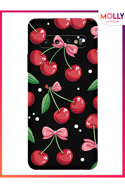 Molly Samsung Galaxy S10 Plus İçin Siyah Berry Ribbon Desenli Silikon Kılıf