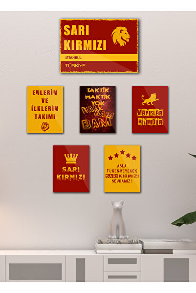 TABLOX 6 Parça "gǎlațasaray" Sarı Kırmızı Taraftar Şampiyon Aslan Futbol Dekoratif MDF Tablo Sokak Tabelası