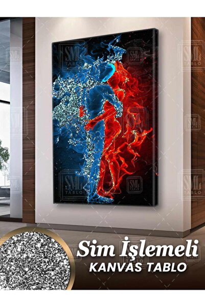 SML TABLO Sim İşlemeli Birbirine Sarılan Su Adam Ateş Kadın Zıtlık Aşk Love S...