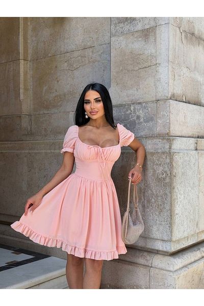 Stil Sepeti Fusta cu mânecă scurtă cu guler pătrat de somon pentru femei, cu detaliu de dantelă, mini rochie cu volane ELY-1000954120