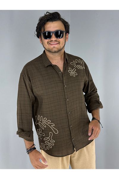 MARESHAL 100% Cotton Oversize Shirt with Embossed Embroidery Detail (Coffee)