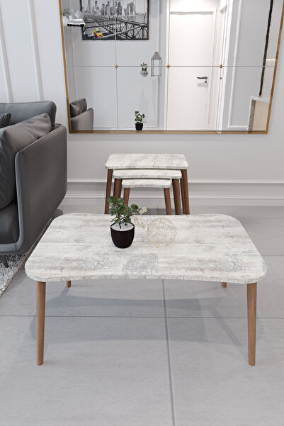 Enda Home Balkır 4'lü Ahşap Ayaklı Zigon ve Orta Sehpa