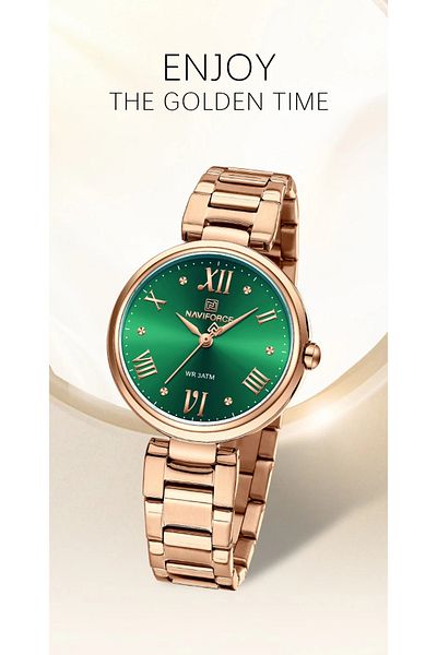 Naviforce Women's Elegant Quartz Watch – Green Dial & Rose Gold Stainless Steel Bracelet