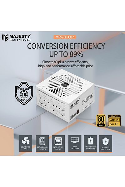 majesty ماجيستي 750W باور سبلاي ذهبي | كفاءة 80+ Gold | ATX 3.1 وPCIe 5.1 | دعم RTX 50 | معياري بالكامل