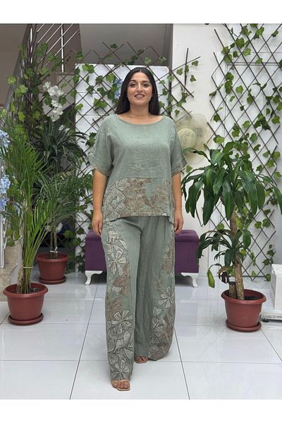Punta Otantik Nc61253 Italian Floral Printed Linen Suit Khaki