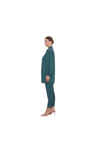 Levidor Shoulder Ruffle Stone Embroidery Detailed Two-Piece Suit