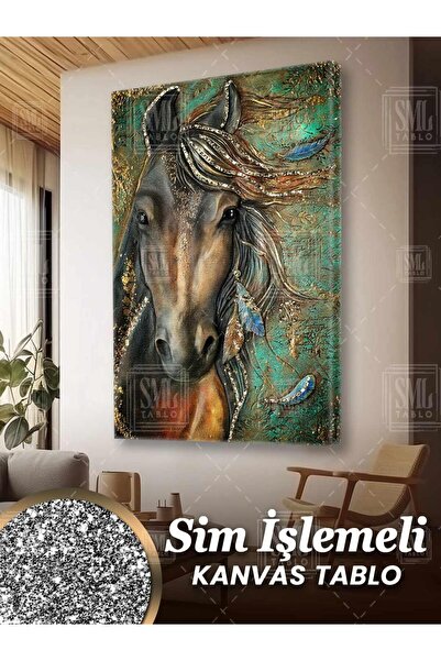 SML TABLO Sim İşlemeli Kahverengi Yeleli At Hayvan Asalet Dekor Simli Dikey K...
