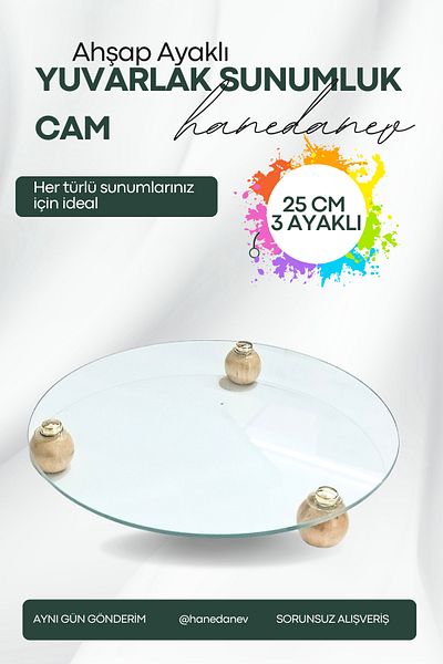 Hanedanev Round Glass Presentation Stand 25 cm - 3 Leg Wooden Ball Leg - Standing Glass Presentation Stand