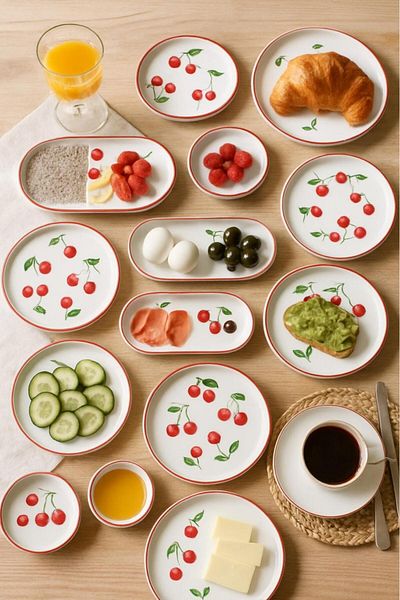 Akkoyunlu home Cherry Series 14 Piece Ceramic Breakfast Set 6-Person Breakfast Set Luxury Ceramic