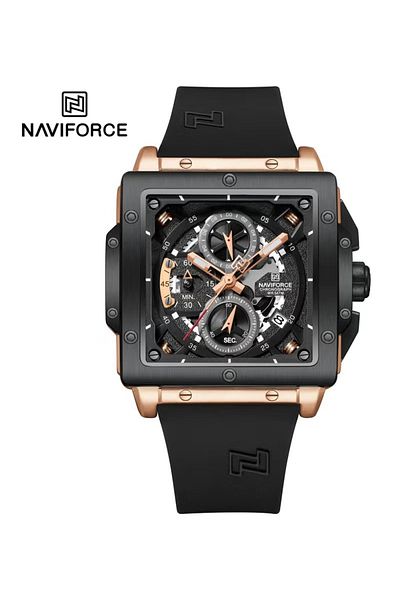 Naviforce Men Square Dial Chronograph Watch with Black and Gold Case, Silicone Strap