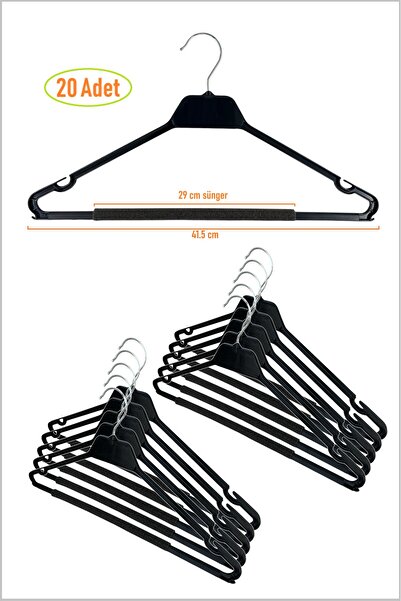 EZMK EV GEREÇLERİ Kuru Temizleme Askısı, Elbise Askısı, Süngerli Bar, 42 cm Siyah Renk, 20 Adet