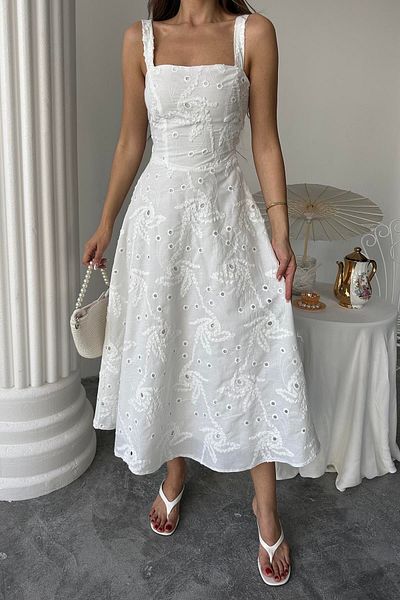 369 etnik butik White Corset Detailed Brode Strap Long Summer Dress
