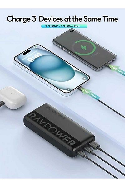 RavPower 20000mAh 20W Power Bank with 2 Type-C Ports and 1 USB-A Port, Smart LED Display, Compact Design, Black