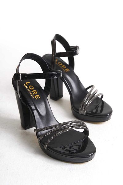 AYDOĞDU by ünal Black Patent Leather Stoned Thick Heel Women's Evening Shoes