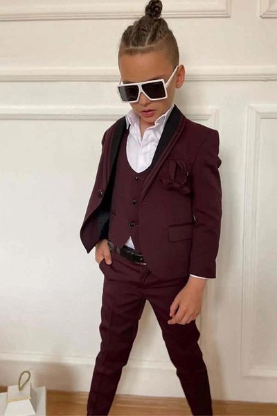 Riccotarz Boys' Collar Stripe Detailed Pocket Vest Blazer Jacket Burgundy Suit