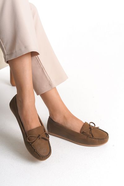 Ayakkabı Delisiyim Women's Ballerina Tan Color Suede Bow Accessory Greenhouse Comfortable Orthopedic Sole Lightweight Daily Shoes