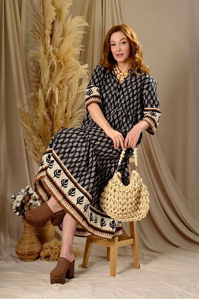 Hazinedan Women's Ethnic Loose Authentic Patterned Dress