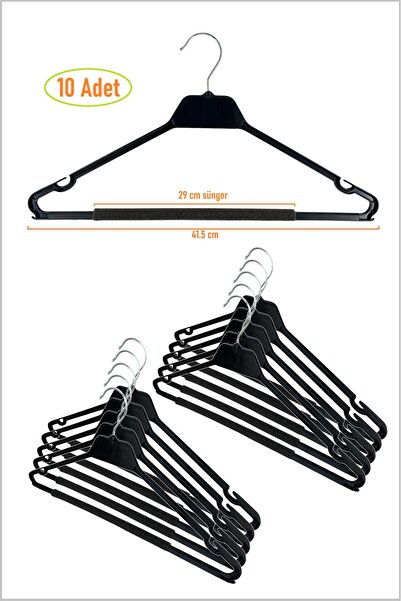 EZMK EV GEREÇLERİ Kuru Temizleme Askısı, Elbise Askısı, Süngerli Bar, 42 cm Siyah Renk, 10 Adet