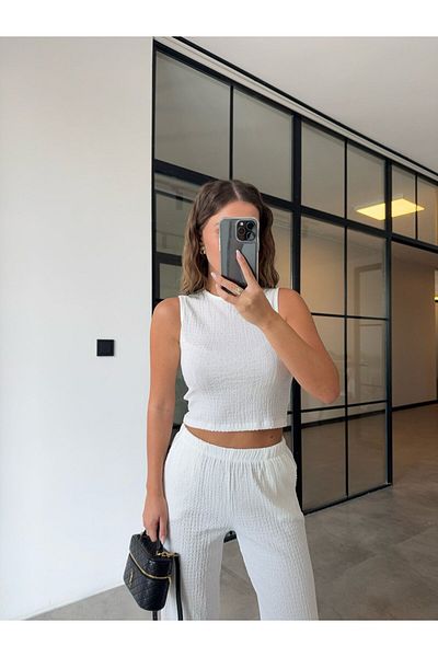 BB Bensu Buyruk Textured Bluz Pants White Set