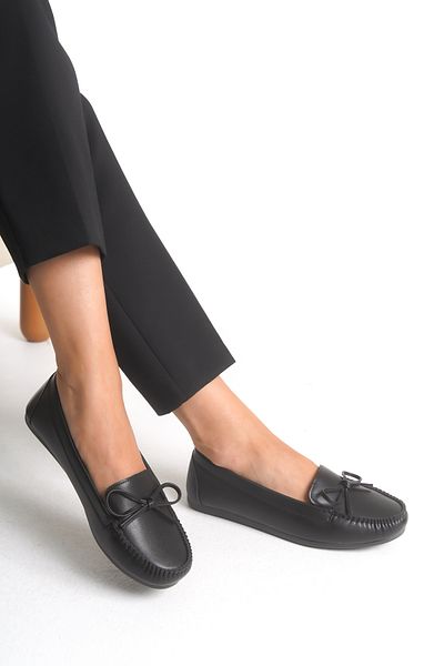 Ayakkabı Delisiyim Women's Ballerina Black Leather Bow Accessory Greenhouse Comfortable Orthopedic Sole Lightweight Casual Shoes