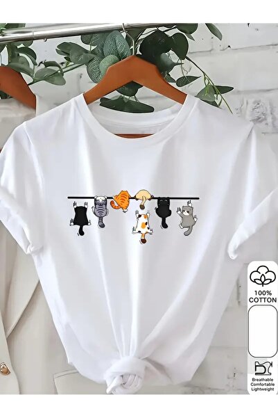 H&GHAMLEGİYİM Kedi Desenli Yazlık Kısa Kollu T-Shirt, %100 Rahat Kadın Giyim
