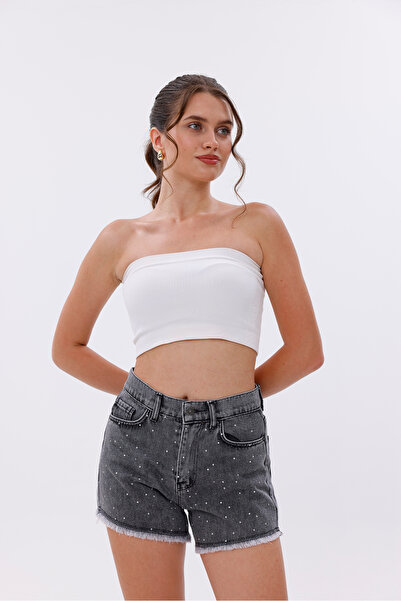 Eseclass Kadin Kot Şort Yüksek Bel Taş İşlemeli̇ Püskül Detayli