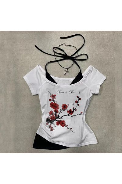 1blood Flower Breeze Vintage Grunge Letter Madonna Guler cu curea suplimentară Crop cu mânecă scurtă pentru tot corpul