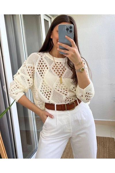 POİNE Ecru Perforated Diamond Pattern Stylish Knitwear Blouse Sweater