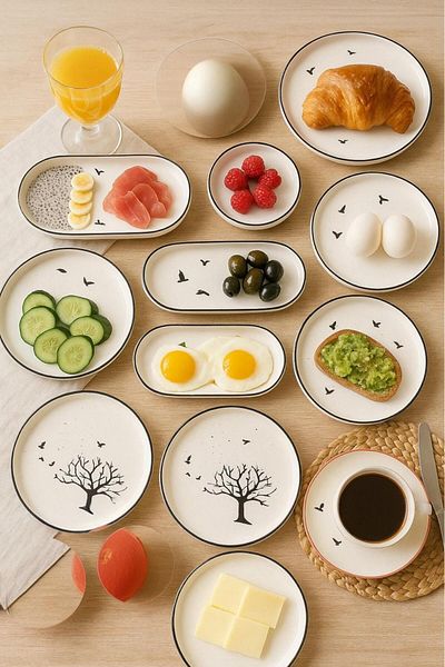 Sezka Life Juniper Tree 14 Piece Ceramic Breakfast Set 6-Person Breakfast Set Luxury Ceramic
