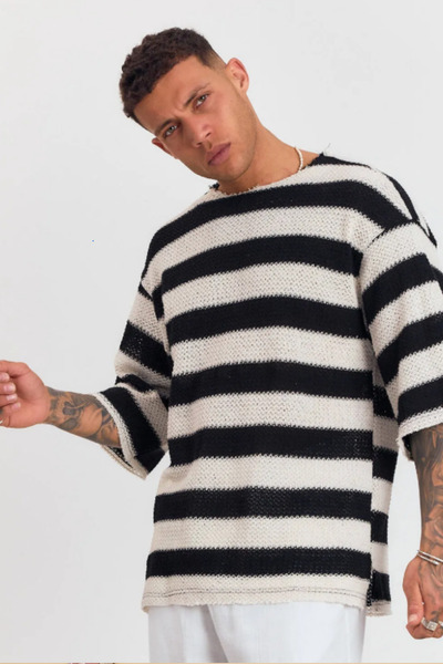 SUN STYLE Πλεκτό Ζακάρ Μισόμανικο Oversize Tshirt