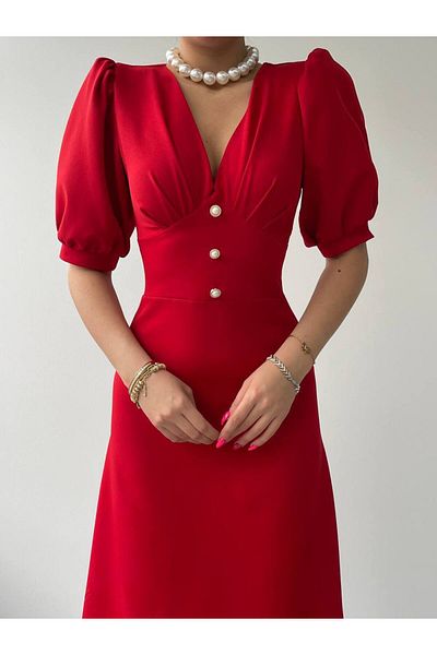 MODA DURAĞI Women's V-Neck Balloon Sleeve Button Detailed Midi Length Dress
