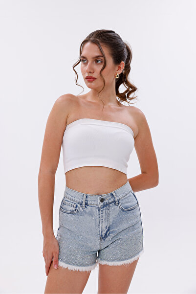 Eseclass KADIN KOT ŞORT YÜKSEK BEL TAŞ İŞLEMELİ PÜSKÜL DETAYLI