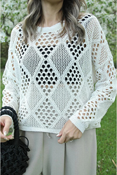 POİNE Γυναικείο πουλόβερ με διάτρητο διχτυωτό σχέδιο σε στυλ Bohemian