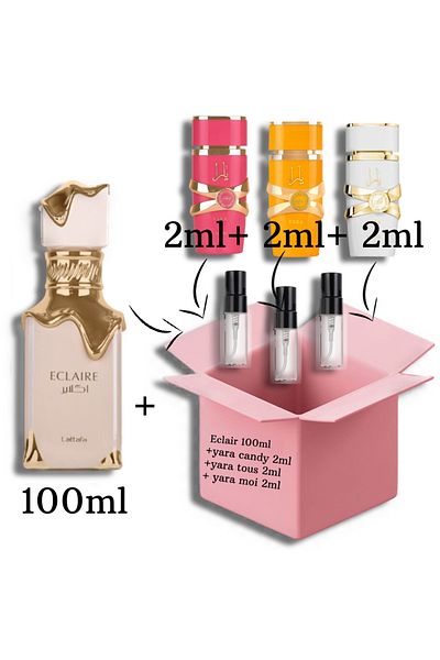 lattafa Eclair 100ml EDP + samples 2ml of (Yara Candy+Yara Tous+Yara Moi)
