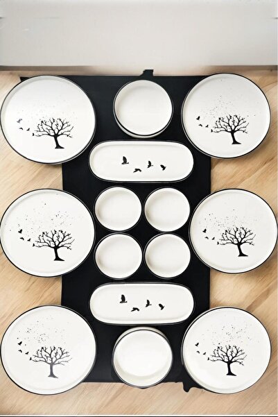 Sezka Life Juniper Tree 14 Piece Ceramic Breakfast Set 6-Person Breakfast Set Luxury Ceramic
