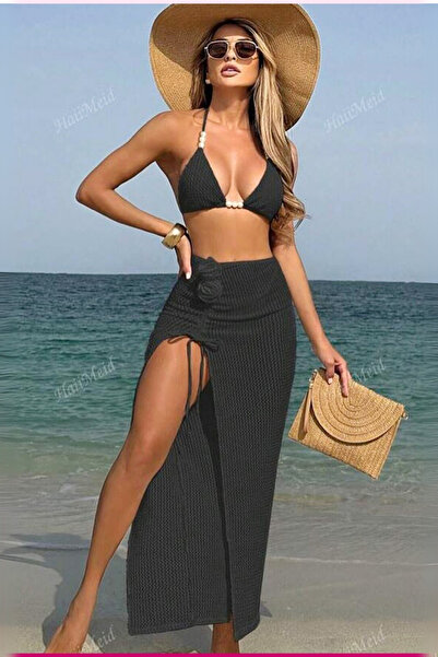 LC Waikiki Siyah Üçgen Bikini Takımı ve Büzgülü Mini Pareo Etek - Yaz 2025 Plaj Modası